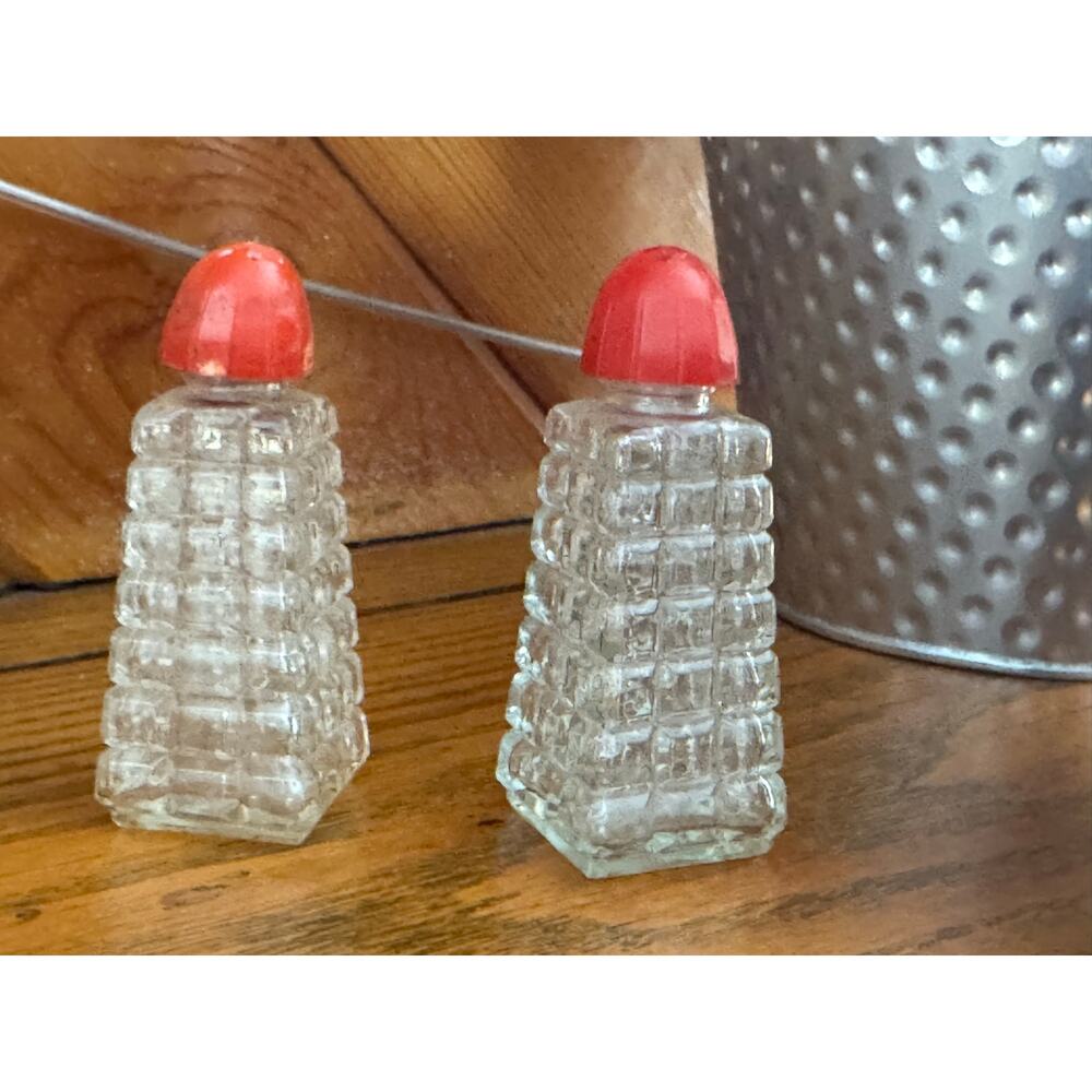 Vintage Glass Salt and Pepper Shakers Red Plastic Lids Mid Century